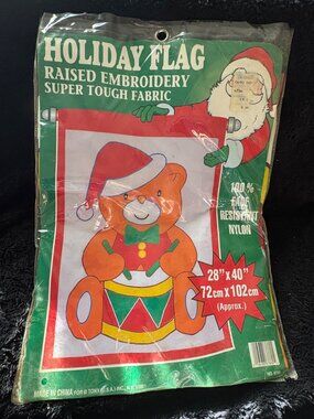 Vintage Holiday Christmas Garden Flag 28" x 40" Raised Embroidery Santa & Bear